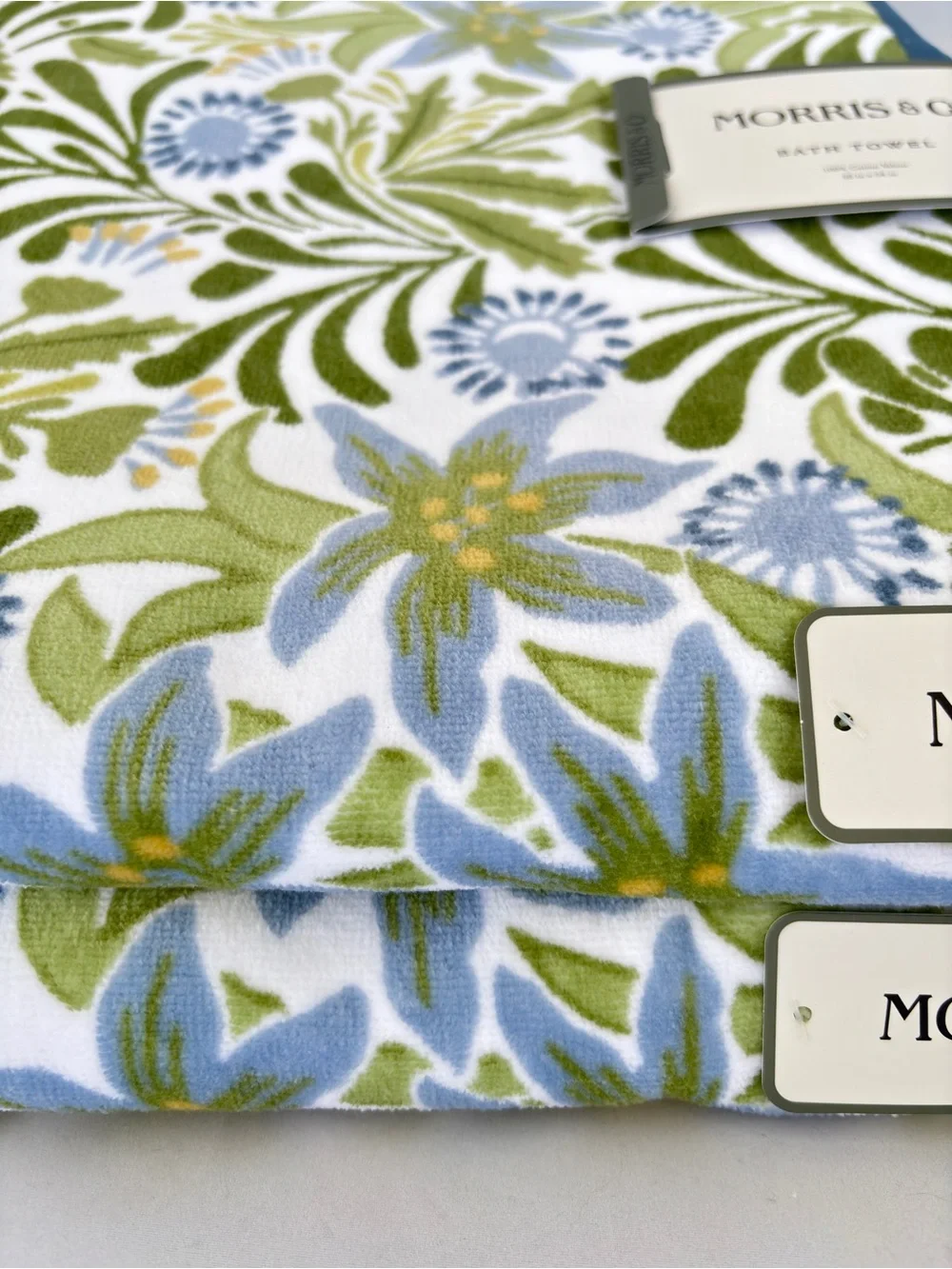 NWT Morris & Co Botanical Cotton Velour Bath Towels Set of 2 Blue Green Floral